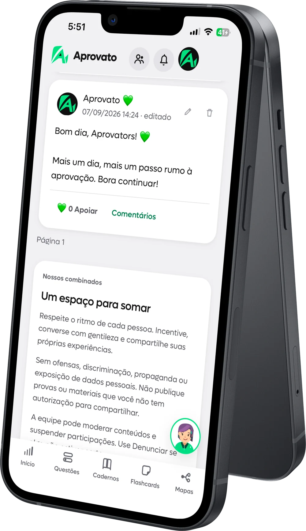 Comunidade Aprovators no celular, com uma mensagem de incentivo e os combinados para conversar com respeito e gentileza.