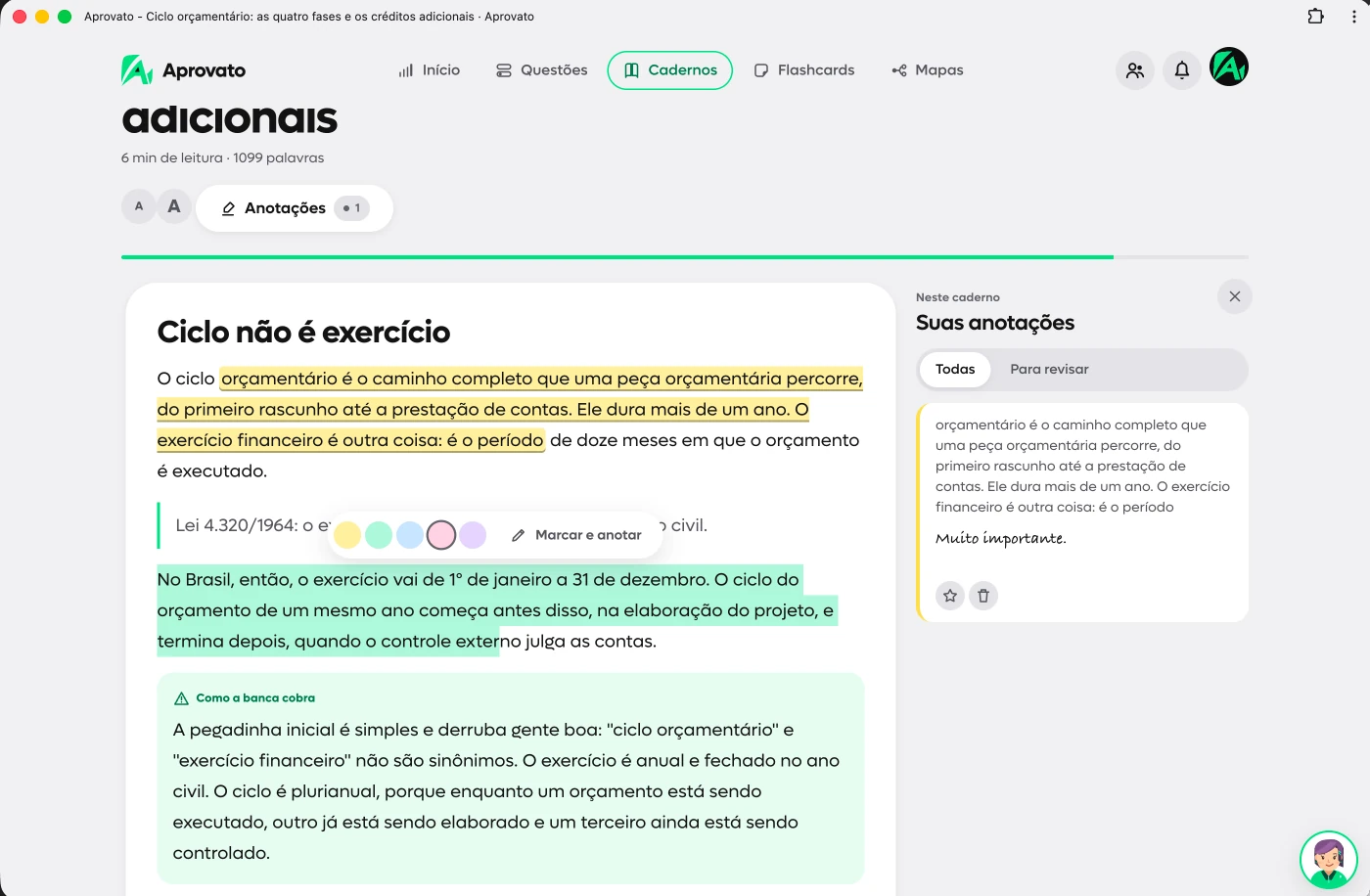 Leitura com as suas anotações, captura real da plataforma Aprovato