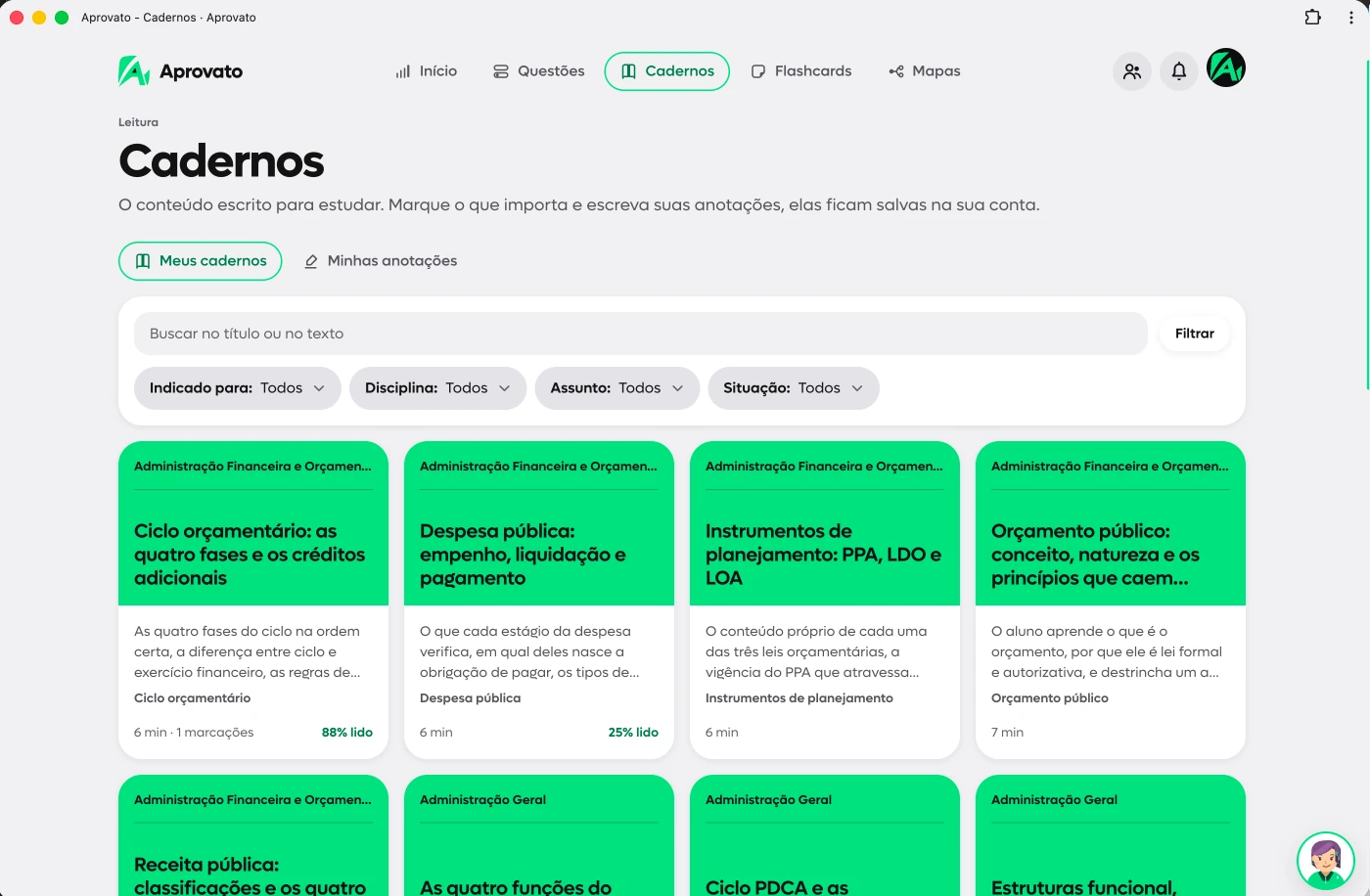 Seus cadernos de estudo, captura real da plataforma Aprovato