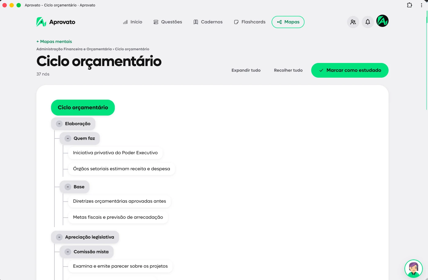 As ideias, organizadas, captura real da plataforma Aprovato