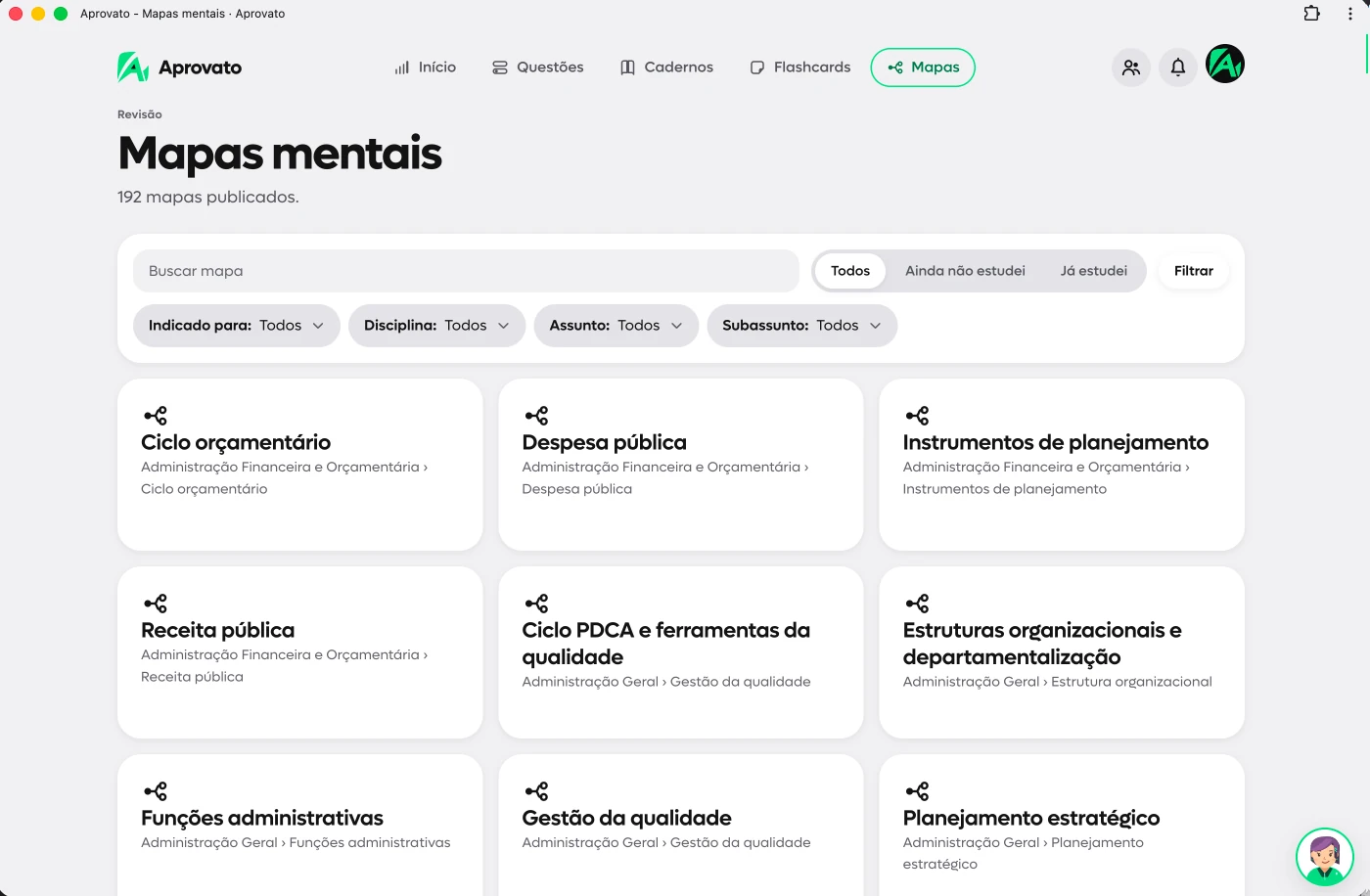 Mapas para a sua revisão, captura real da plataforma Aprovato