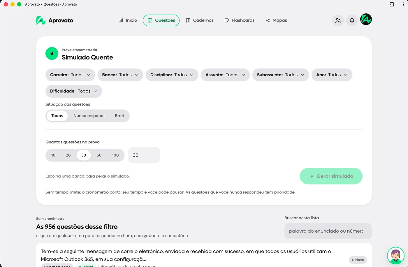 Questões e simulados, captura real da plataforma Aprovato